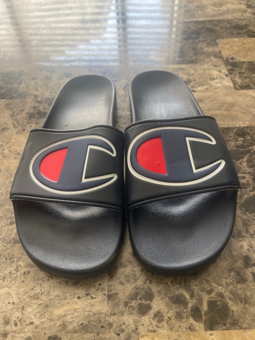 Champion Black Slides with Red Logo Accent